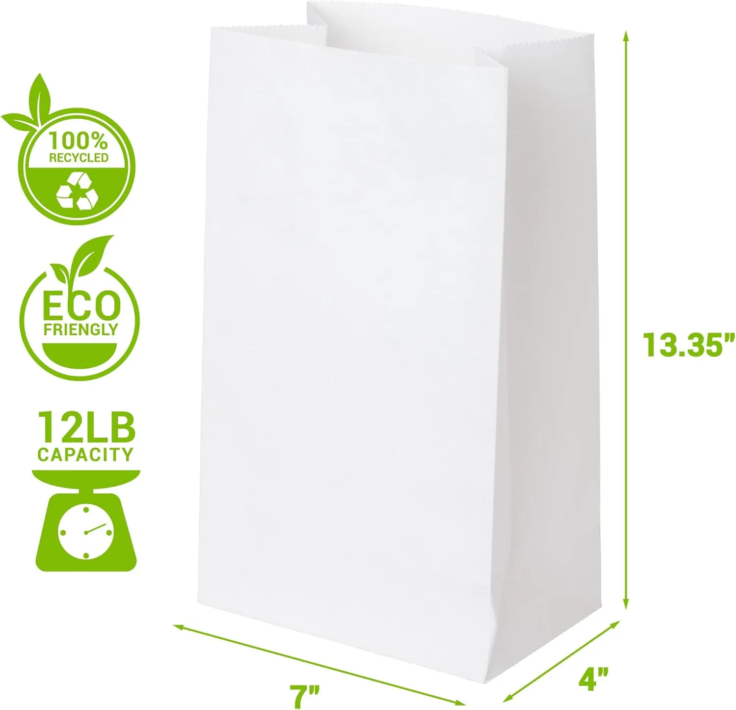 12 LB 1000 PCS 7x4x13.25 inch White Paper Bags, Lunch Bags for Take Out, Lunch, Snack, Cookies, Grocery