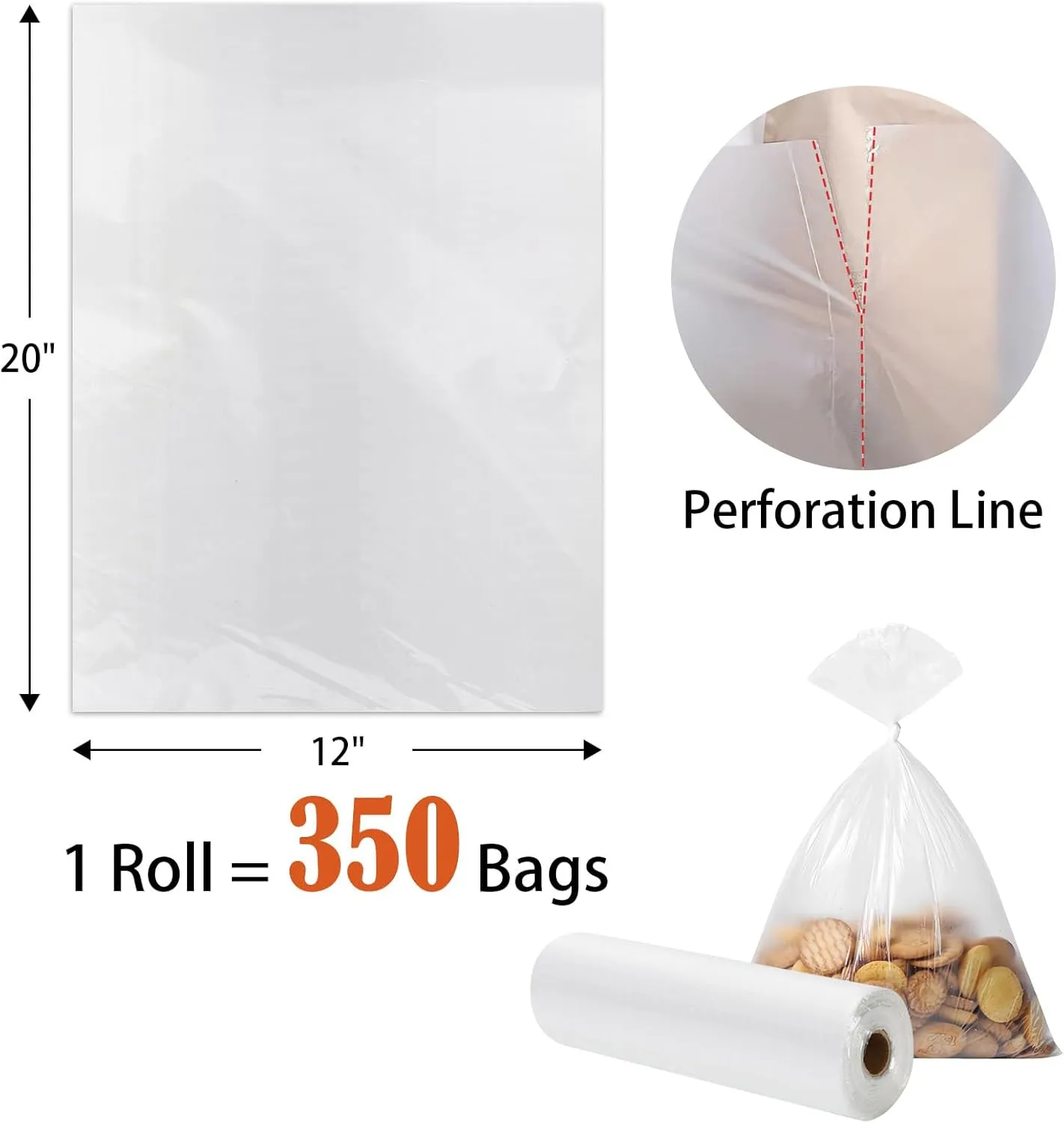 12" x 20" Clear Plastic Produce Bag on a Roll, Food Storage Bags for Vegetables, Bread, Fruits and Meat, Easy To Tear, Continuous Roll- 350 Bags/Roll - [2 Rolls]