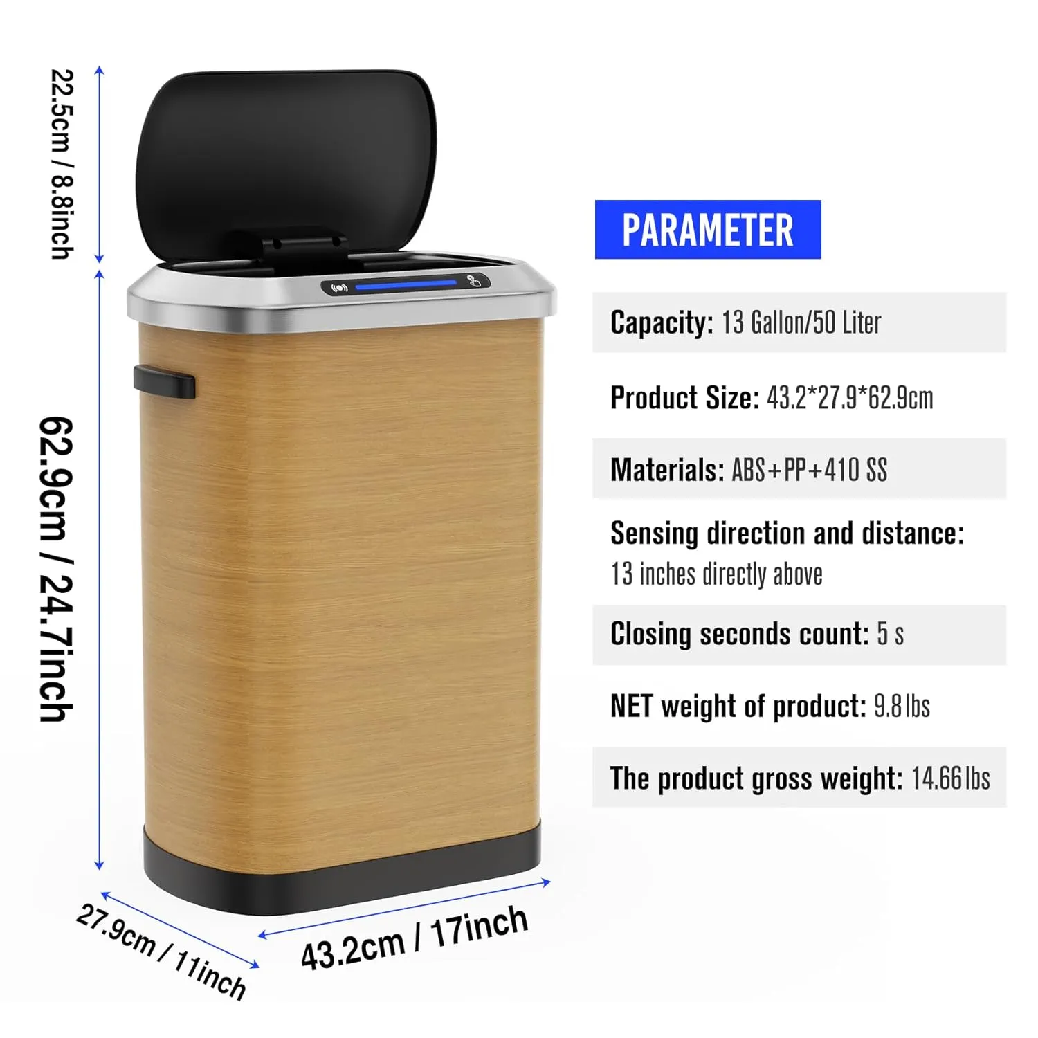 13 Gallon Smart Automatic Trash Can, 50L Stainless Steel Sensor Waste Bin with Soft-Close Silent Lid and 30 Garbage Bags, Garbage Can for Home, Kitchen, Commercial, Office, Wood Grain