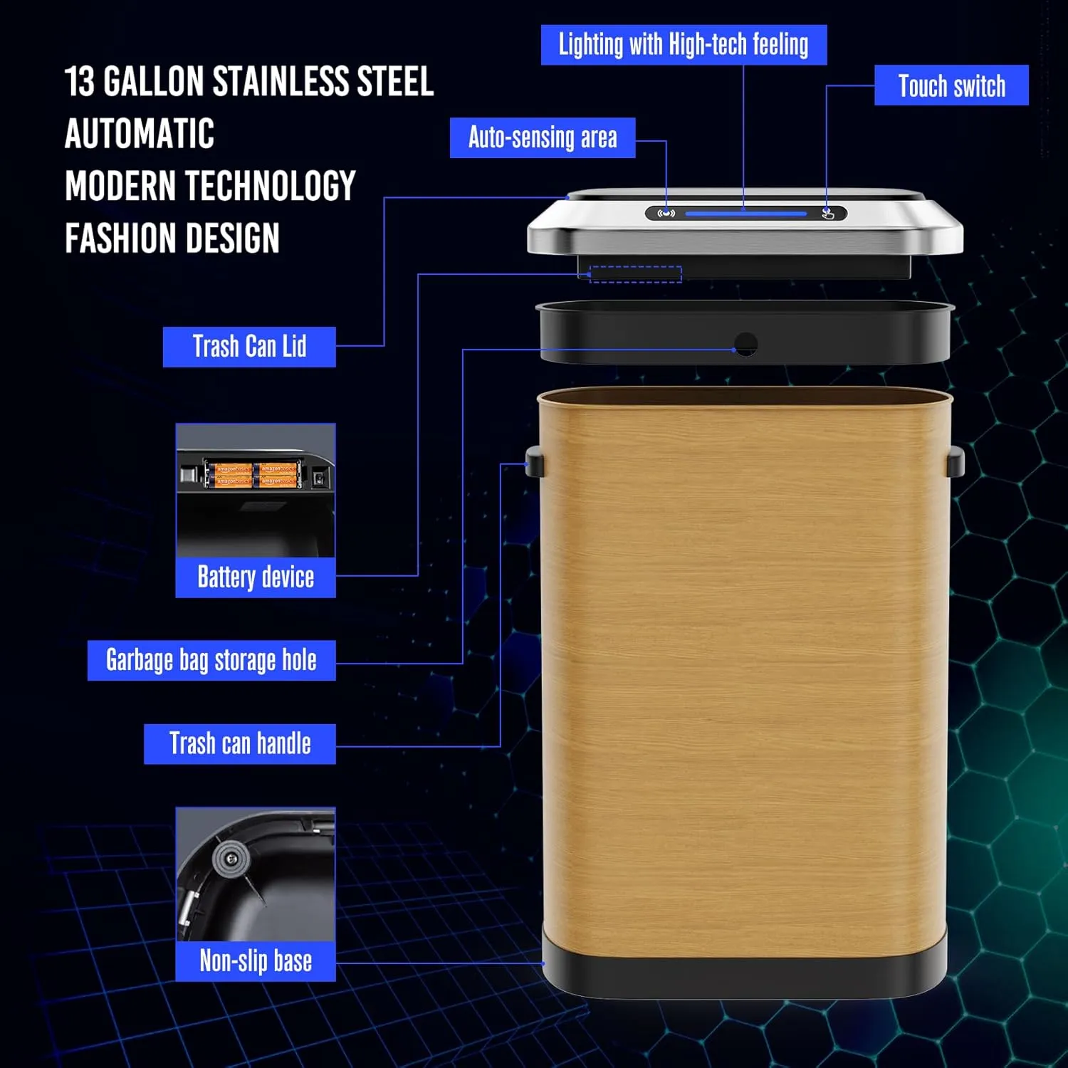 13 Gallon Smart Automatic Trash Can, 50L Stainless Steel Sensor Waste Bin with Soft-Close Silent Lid and 30 Garbage Bags, Garbage Can for Home, Kitchen, Commercial, Office, Wood Grain