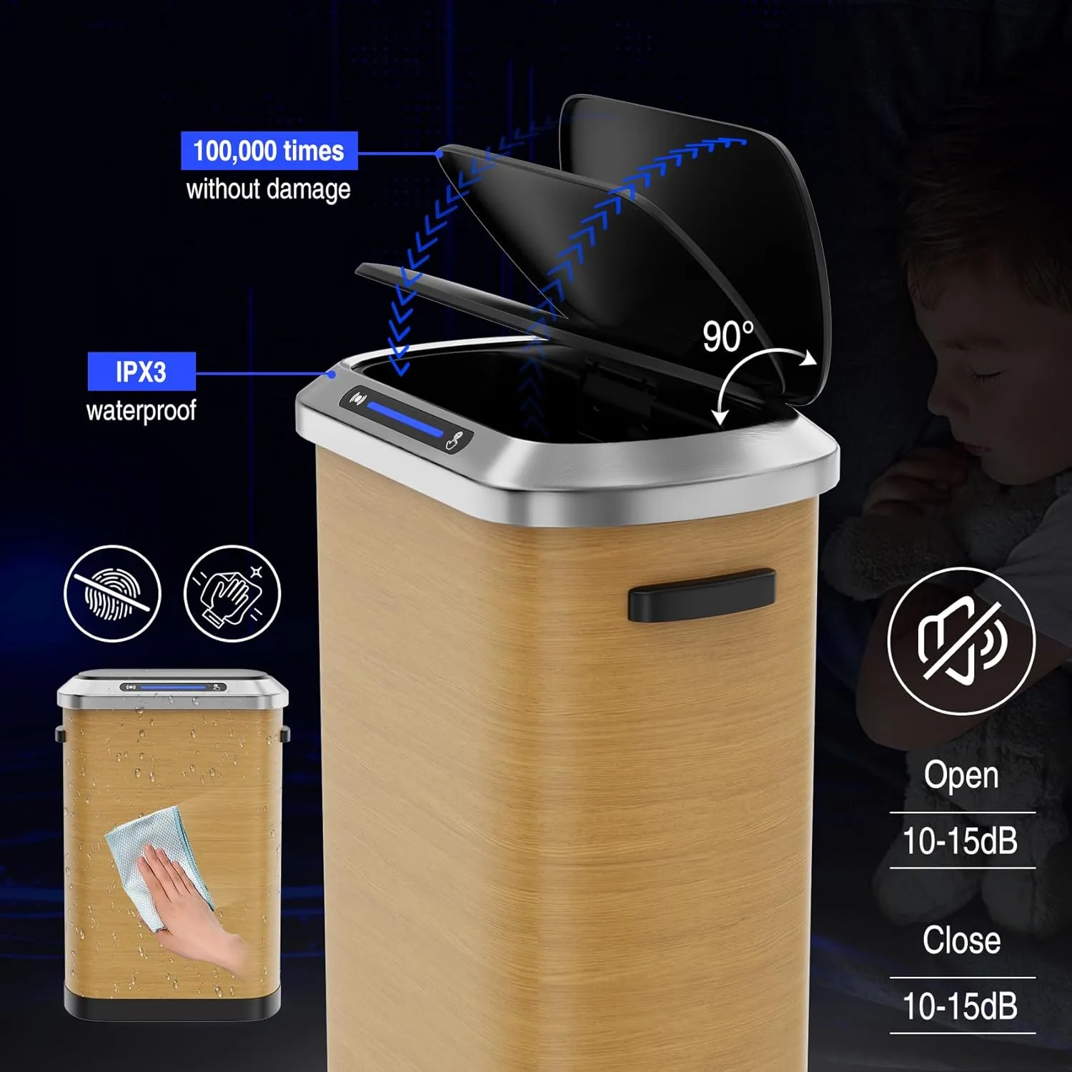 13 Gallon Smart Automatic Trash Can, 50L Stainless Steel Sensor Waste Bin with Soft-Close Silent Lid and 30 Garbage Bags, Garbage Can for Home, Kitchen, Commercial, Office, Wood Grain
