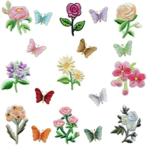 18 Pcs Embroidery Patches Beautiful and Moving Butterfly Flowers Cloth Embroidered Chapters for Fashion Crafts DIY Clothing Home Textile Toys Package Gifts Decoration