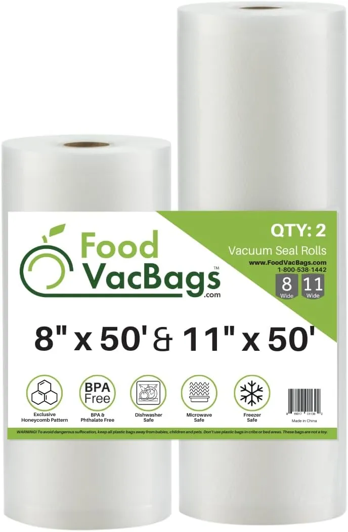 2 Foodsaver Compatible Rolls of Vacuum Sealer Bags | (1) 8-inch x 50-feet (1) 11-inch x 50-feet | Food Storage, Sous Vide Cooking, Document Protection | 100' Total Commercial Grade Material