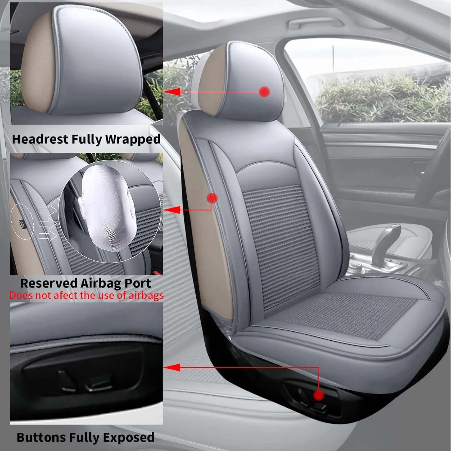 2 Front Car Seat Covers Fit for Honda Pilot 2005-2016 Waterproof Faux Leather Breathable Ice Silk Seat Covers Automotive Vehicle Seat Cushion Protector Airbag Compatible (Gray)