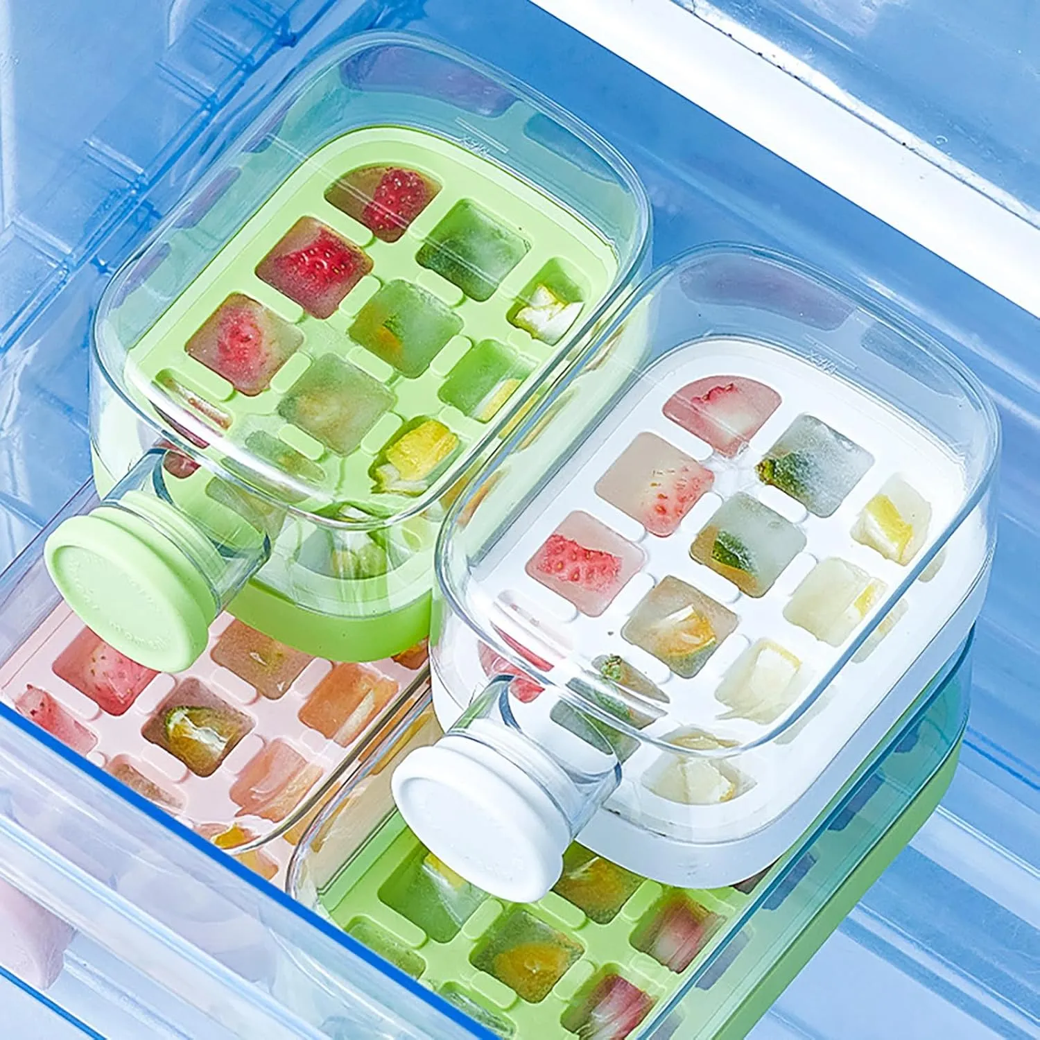 2-in-1 Ice Cube Bottle with Straw - Easy Press Ice Tray Water Bottle, Leak Proof Lid, Vertical Ice Maker for Freezer, Travel, Gym & Home Use (White, 500ml)