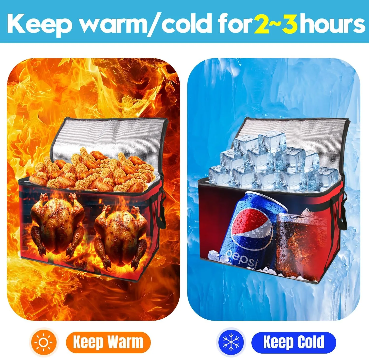 2 Pack Insulated Food Delivery Bag Blue Pizza Delivery Bags for Hot & Cold Food, Large Capacity Reusable Warming Bag Catering Cooler Bag for Party