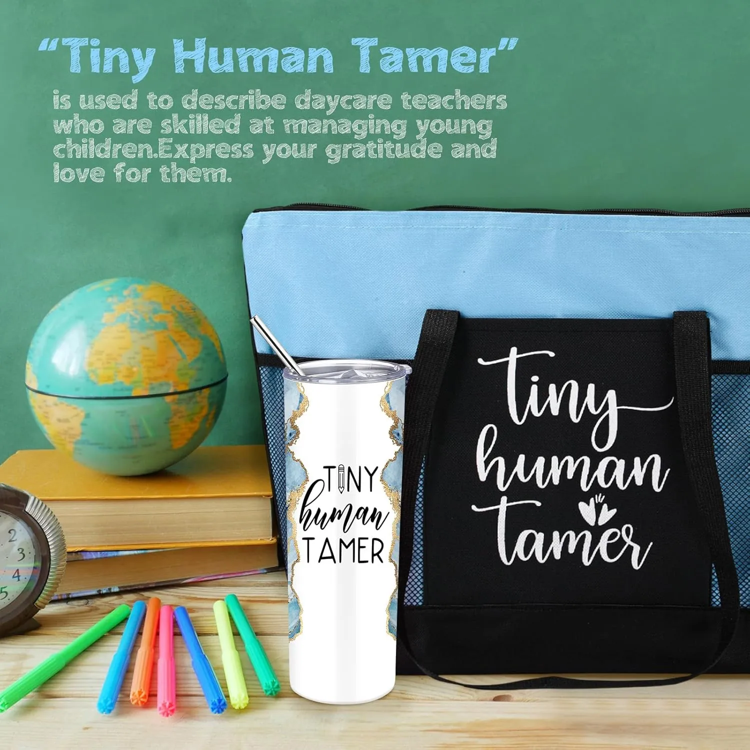 2 Pcs Mothers Day Gifts for Mom Women Tote Bag 20 oz Tumbler with Lid and Straw Tiny Human Tamer Teacher Appreciation Gifts for Thank You Daycare Preschool Babysitter(Blue)