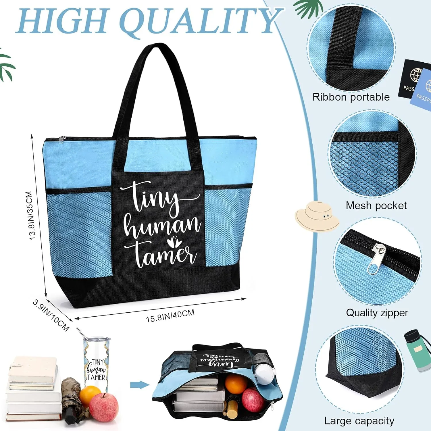 2 Pcs Mothers Day Gifts for Mom Women Tote Bag 20 oz Tumbler with Lid and Straw Tiny Human Tamer Teacher Appreciation Gifts for Thank You Daycare Preschool Babysitter(Blue)