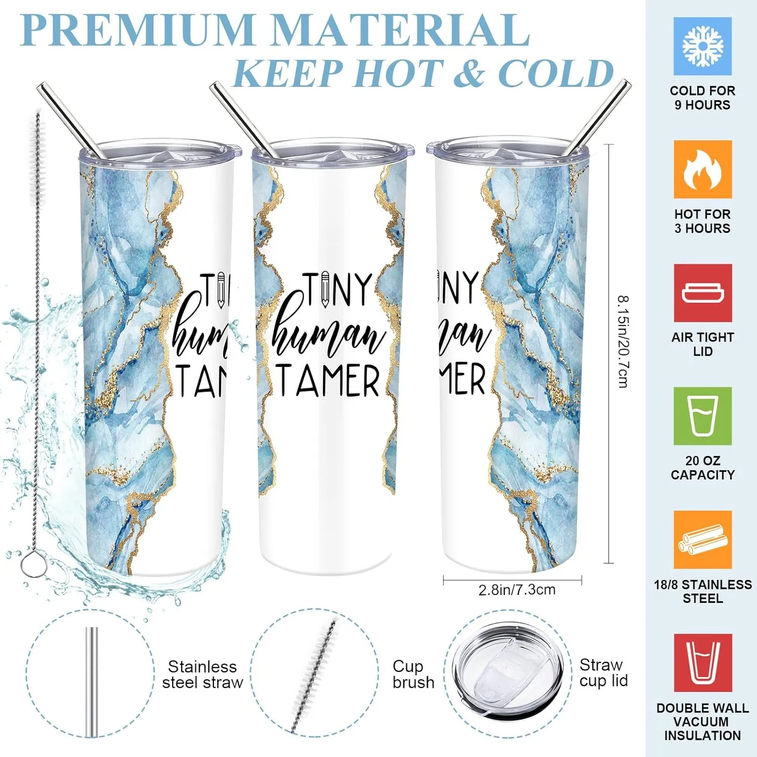 2 Pcs Mothers Day Gifts for Mom Women Tote Bag 20 oz Tumbler with Lid and Straw Tiny Human Tamer Teacher Appreciation Gifts for Thank You Daycare Preschool Babysitter(Blue)