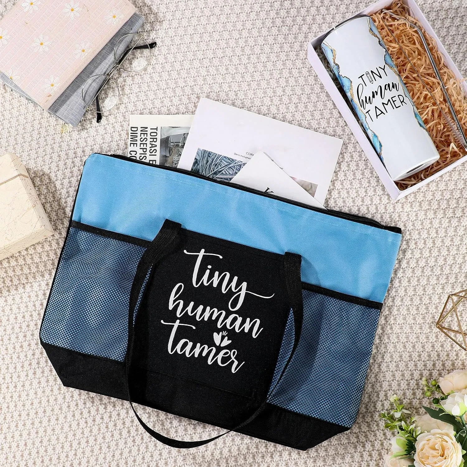 2 Pcs Mothers Day Gifts for Mom Women Tote Bag 20 oz Tumbler with Lid and Straw Tiny Human Tamer Teacher Appreciation Gifts for Thank You Daycare Preschool Babysitter(Blue)