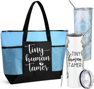 2 Pcs Mothers Day Gifts for Mom Women Tote Bag 20 oz Tumbler with Lid and Straw Tiny Human Tamer Teacher Appreciation Gifts for Thank You Daycare Preschool Babysitter(Blue)