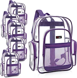 20-Pack Bulk Case Clear Backpack with Purple Trim Stitching, Wholesale 17.5-Inch Heavy Duty PVC Transparent Student Backpack for School Work Stadium Security Travel Sporting Events