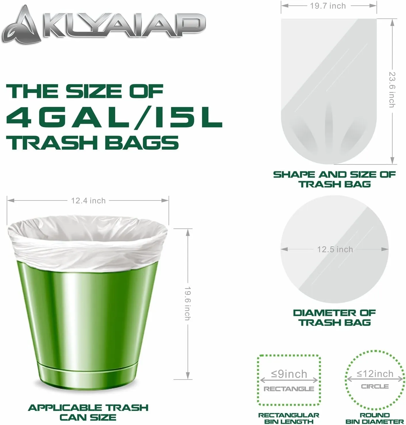 220 Counts Aklyaiap 4 Gallon Trash Bag,Tear & Leak Resistant Bathroom Biodegradable Small Garbage Can Bags Unscented for Home & Kitchen, 5Rolls, White