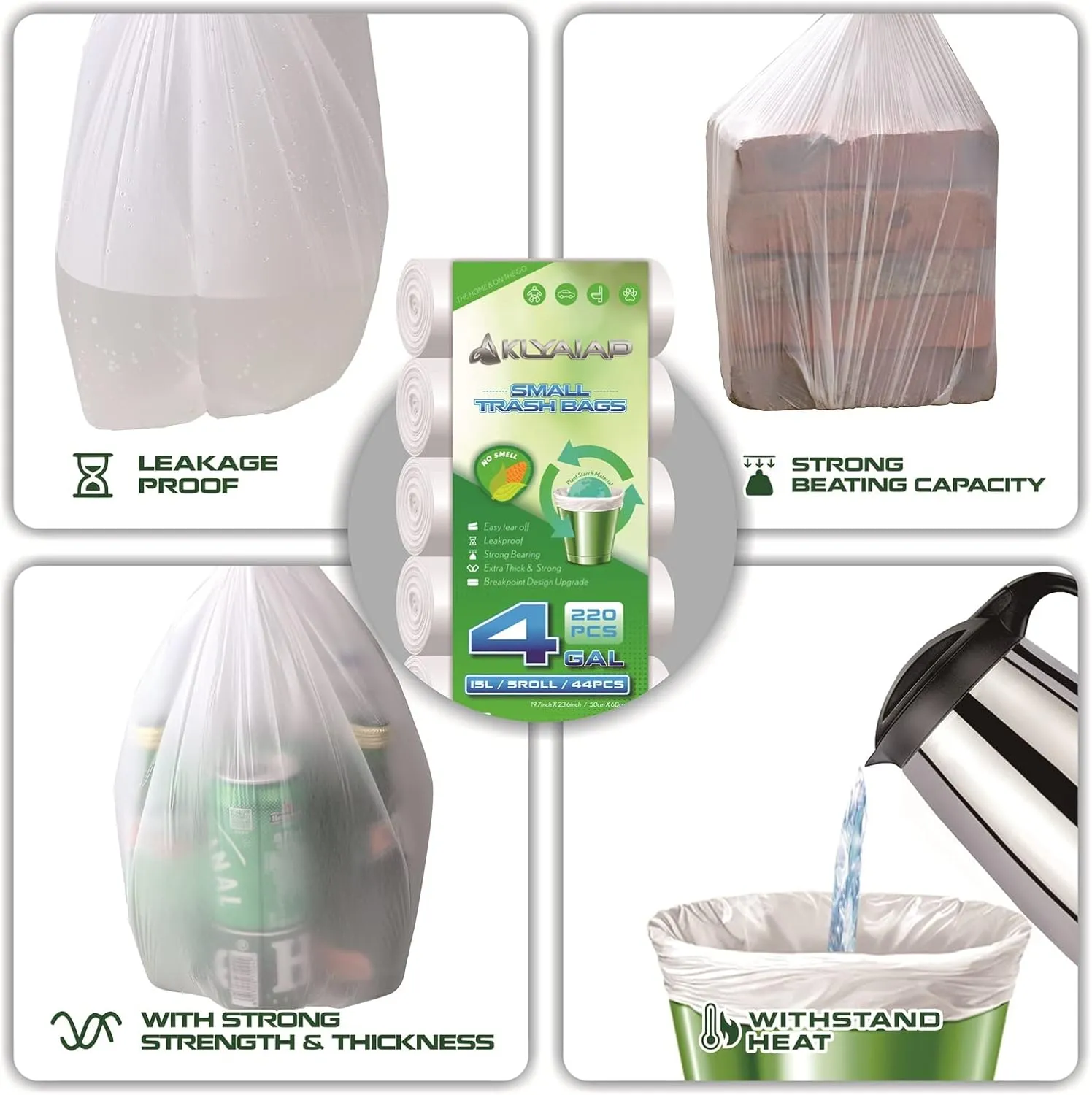 220 Counts Aklyaiap 4 Gallon Trash Bag,Tear & Leak Resistant Bathroom Biodegradable Small Garbage Can Bags Unscented for Home & Kitchen, 5Rolls, White