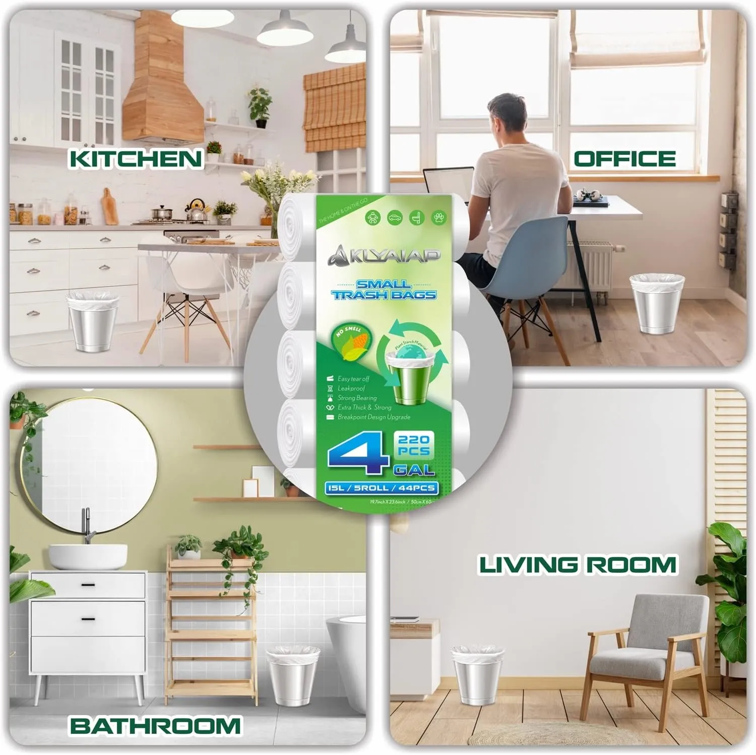 220 Counts Aklyaiap 4 Gallon Trash Bag,Tear & Leak Resistant Bathroom Biodegradable Small Garbage Can Bags Unscented for Home & Kitchen, 5Rolls, White