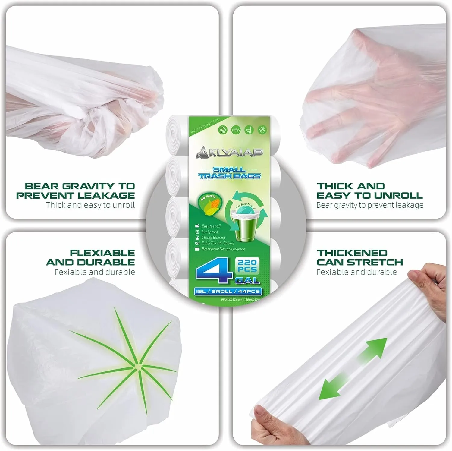 220 Counts Aklyaiap 4 Gallon Trash Bag,Tear & Leak Resistant Bathroom Biodegradable Small Garbage Can Bags Unscented for Home & Kitchen, 5Rolls, White