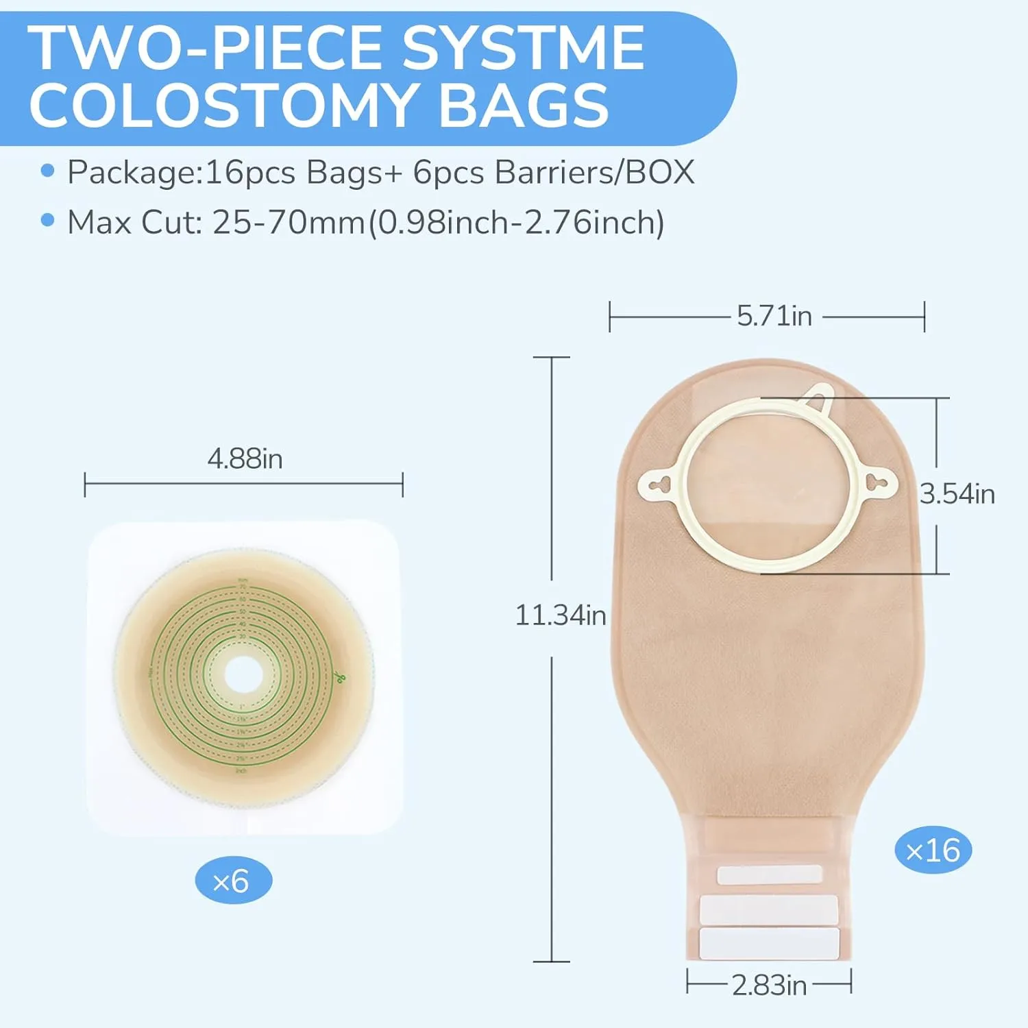 22pcs Ostomy Supplies Colostomy Bags, 2-Piece Colostomy Bags, Two-Piece Drainable Pouches with Closure for Ileostomy Stoma Care, Cut-to-Fit, 70mm Max (16 x Ostomy Bags  6 x Skin Barrier）