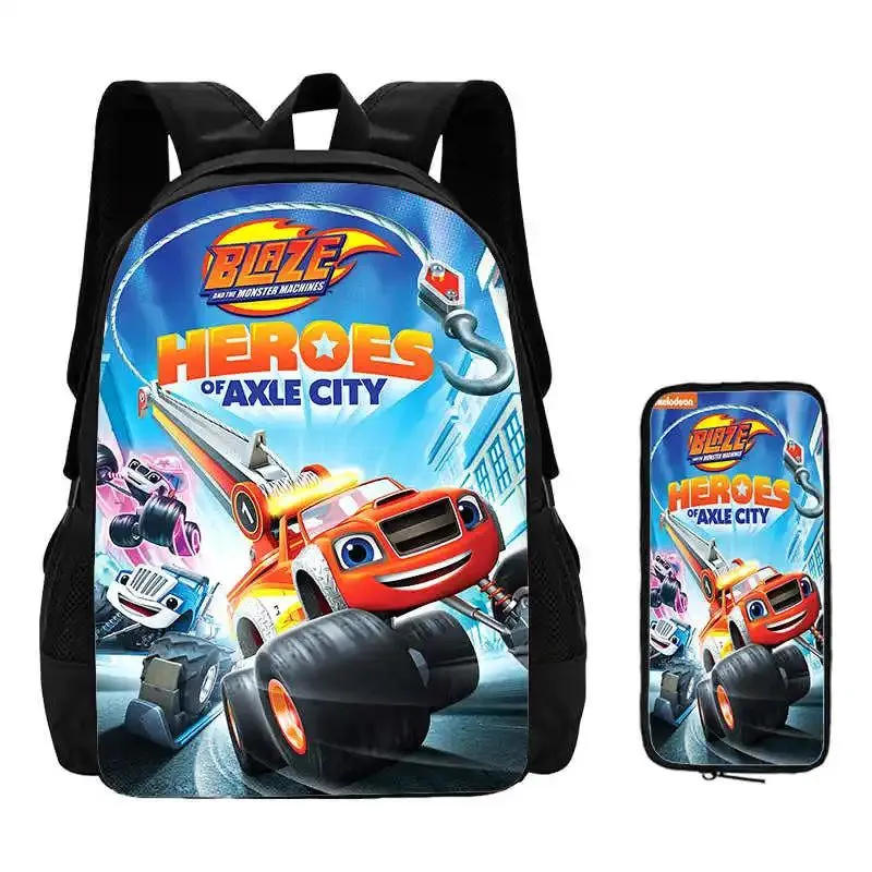 2Pcs Set Blaze and the Monster Machines School Backpack with Pencil Case ,Cartoon School Bags for Boys Girls , Kids Bookbags Set