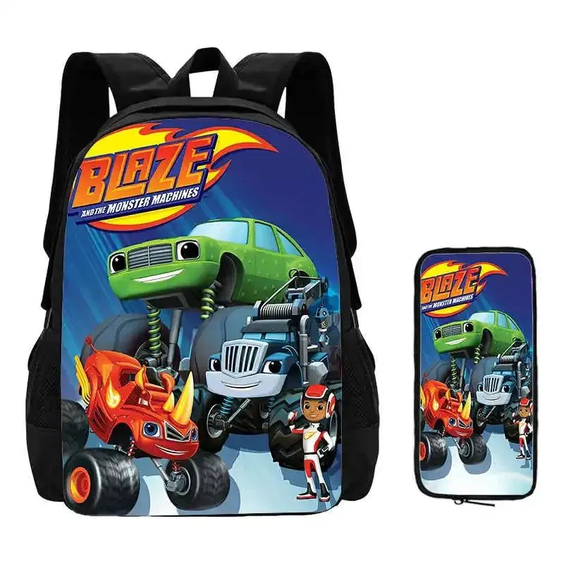 2Pcs Set Blaze and the Monster Machines School Backpack with Pencil Case ,Cartoon School Bags for Boys Girls , Kids Bookbags Set