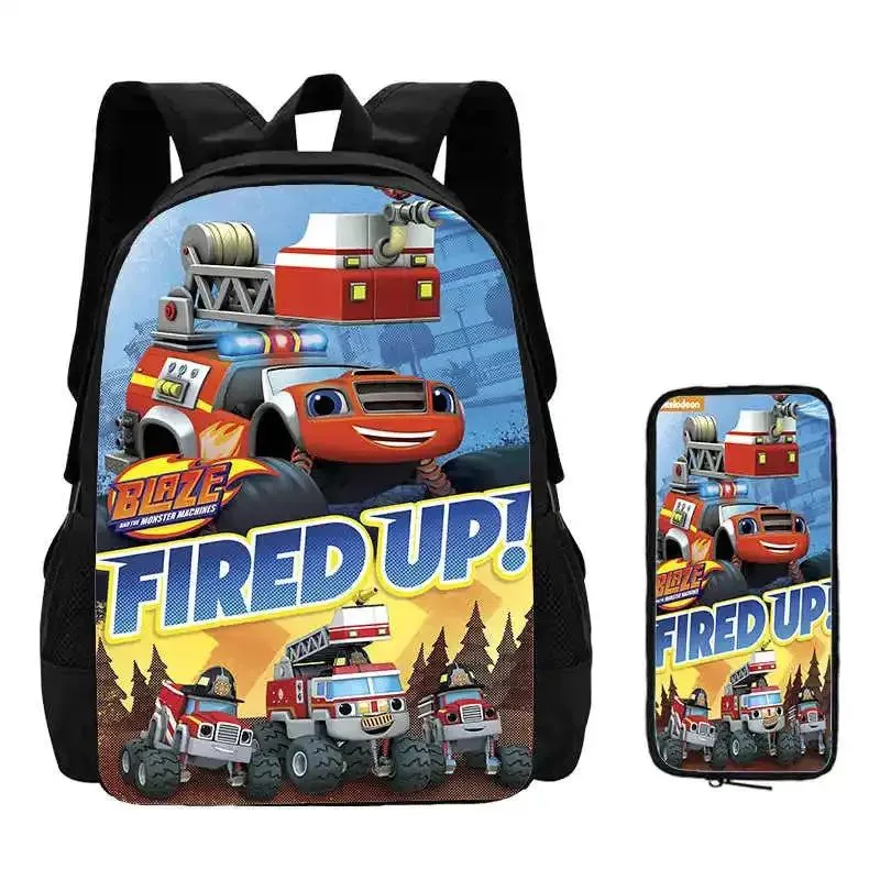 2Pcs Set Blaze and the Monster Machines School Backpack with Pencil Case ,Cartoon School Bags for Boys Girls , Kids Bookbags Set