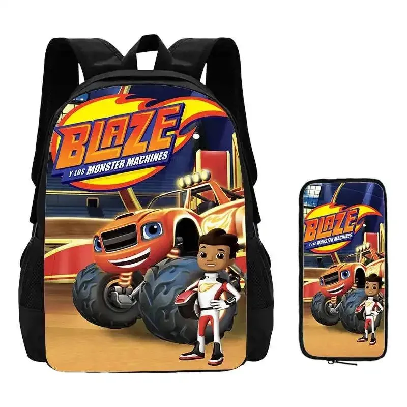 2Pcs Set Blaze and the Monster Machines School Backpack with Pencil Case ,Cartoon School Bags for Boys Girls , Kids Bookbags Set