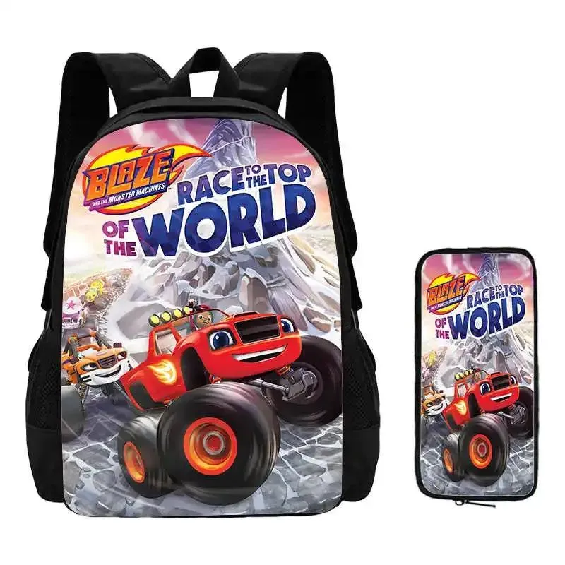 2Pcs Set Blaze and the Monster Machines School Backpack with Pencil Case ,Cartoon School Bags for Boys Girls , Kids Bookbags Set