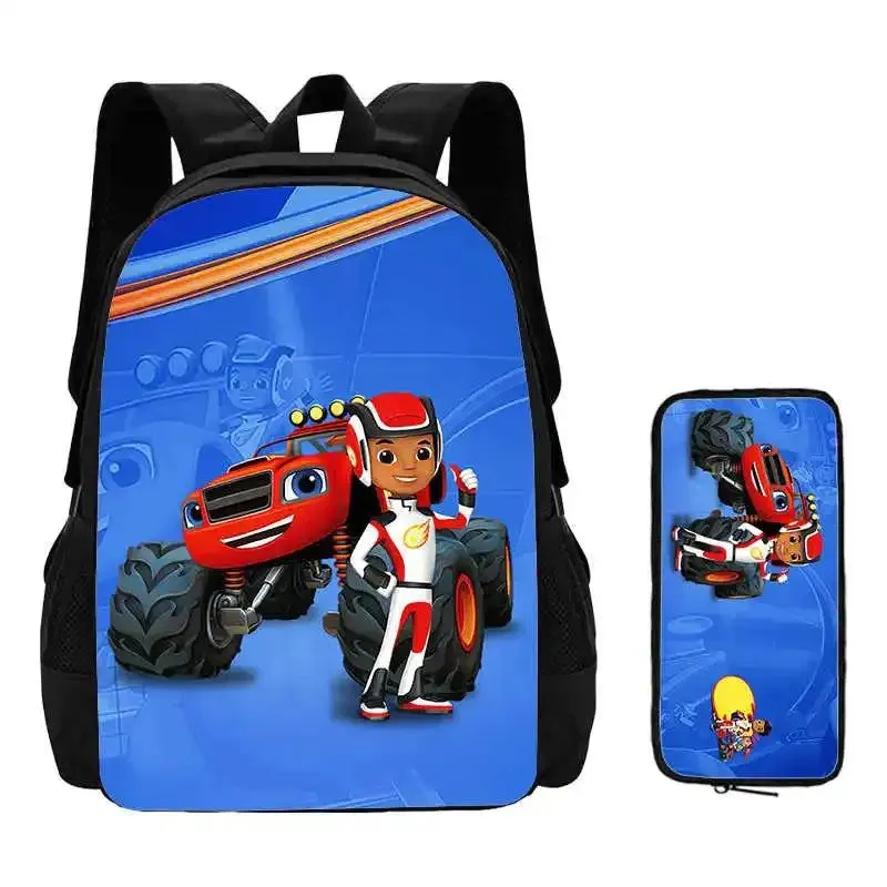 2Pcs Set Blaze and the Monster Machines School Backpack with Pencil Case ,Cartoon School Bags for Boys Girls , Kids Bookbags Set