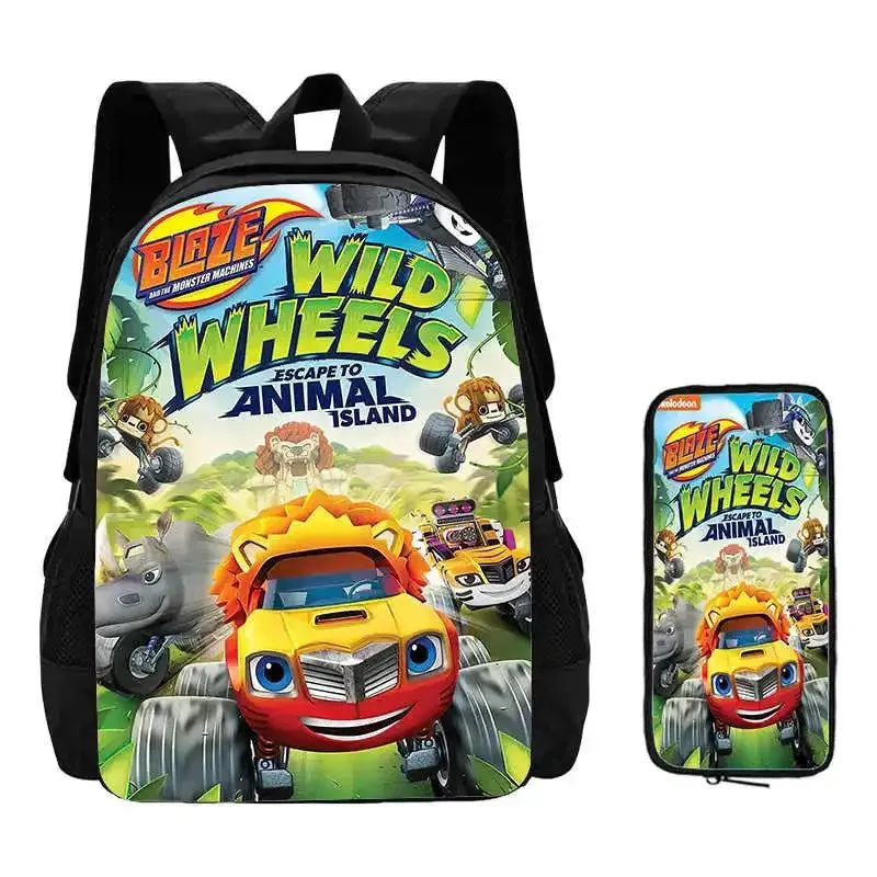 2Pcs Set Blaze and the Monster Machines School Backpack with Pencil Case ,Cartoon School Bags for Boys Girls , Kids Bookbags Set