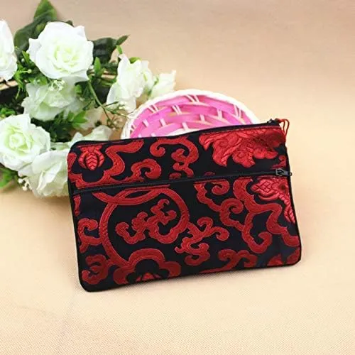2pcs Tassel Travel Two Zipper Purse Jewelry Makeup Pouch Bags Chinese Silk Brocade Storage Bags Jewellery Cosmetic Cell Phone (black and red (2 pcs Pattern Random))