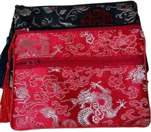 2pcs Tassel Travel Two Zipper Purse Jewelry Makeup Pouch Bags Chinese Silk Brocade Storage Bags Jewellery Cosmetic Cell Phone (black and red (2 pcs Pattern Random))