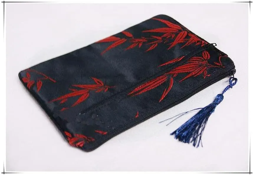 2pcs Tassel Travel Two Zipper Purse Jewelry Makeup Pouch Bags Chinese Silk Brocade Storage Bags Jewellery Cosmetic Cell Phone (black and red (2 pcs Pattern Random))
