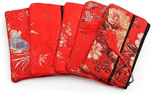 2pcs Tassel Travel Two Zipper Purse Jewelry Makeup Pouch Bags Chinese Silk Brocade Storage Bags Jewellery Cosmetic Cell Phone (black and red (2 pcs Pattern Random))