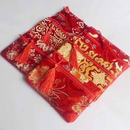 2pcs Tassel Travel Two Zipper Purse Jewelry Makeup Pouch Bags Chinese Silk Brocade Storage Bags Jewellery Cosmetic Cell Phone (black and red (2 pcs Pattern Random))