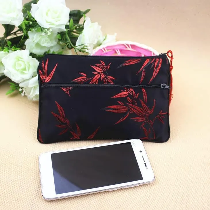2pcs Tassel Travel Two Zipper Purse Jewelry Makeup Pouch Bags Chinese Silk Brocade Storage Bags Jewellery Cosmetic Cell Phone (black and red (2 pcs Pattern Random))