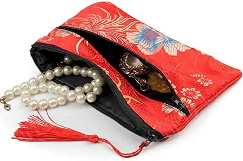 2pcs Tassel Travel Two Zipper Purse Jewelry Makeup Pouch Bags Chinese Silk Brocade Storage Bags Jewellery Cosmetic Cell Phone (black and red (2 pcs Pattern Random))