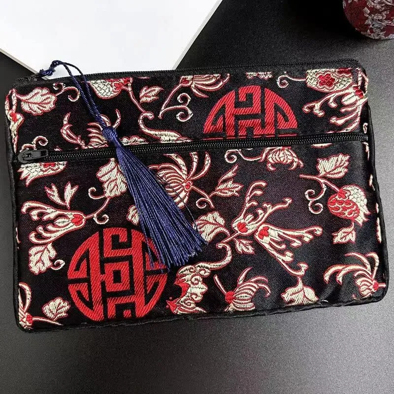 2pcs Tassel Travel Two Zipper Purse Jewelry Makeup Pouch Bags Chinese Silk Brocade Storage Bags Jewellery Cosmetic Cell Phone (black and red (2 pcs Pattern Random))