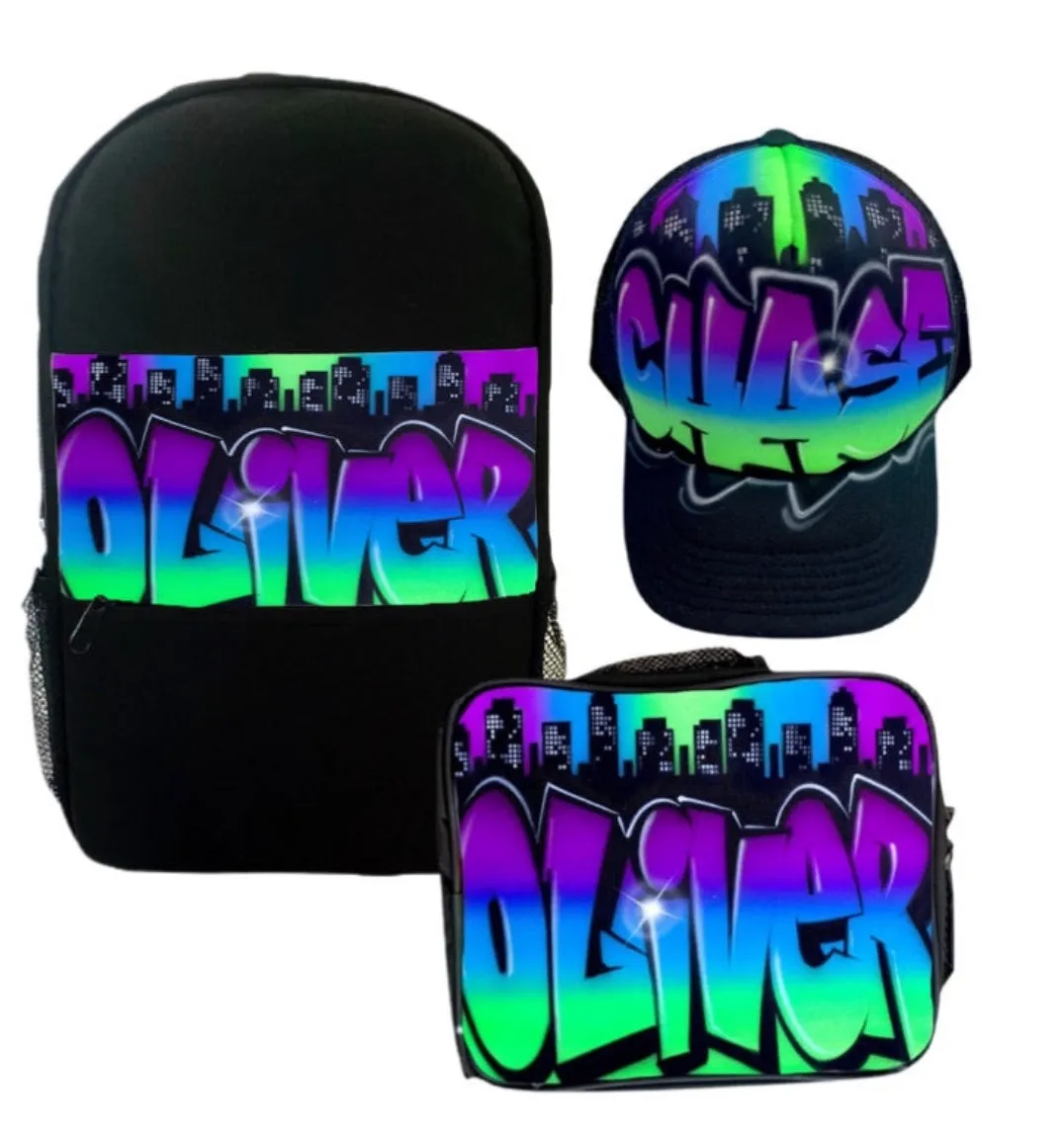 3 Colour City Style Custom Combo (Combo1) 1x Cap 1x Backpack, 1x Lunchbox