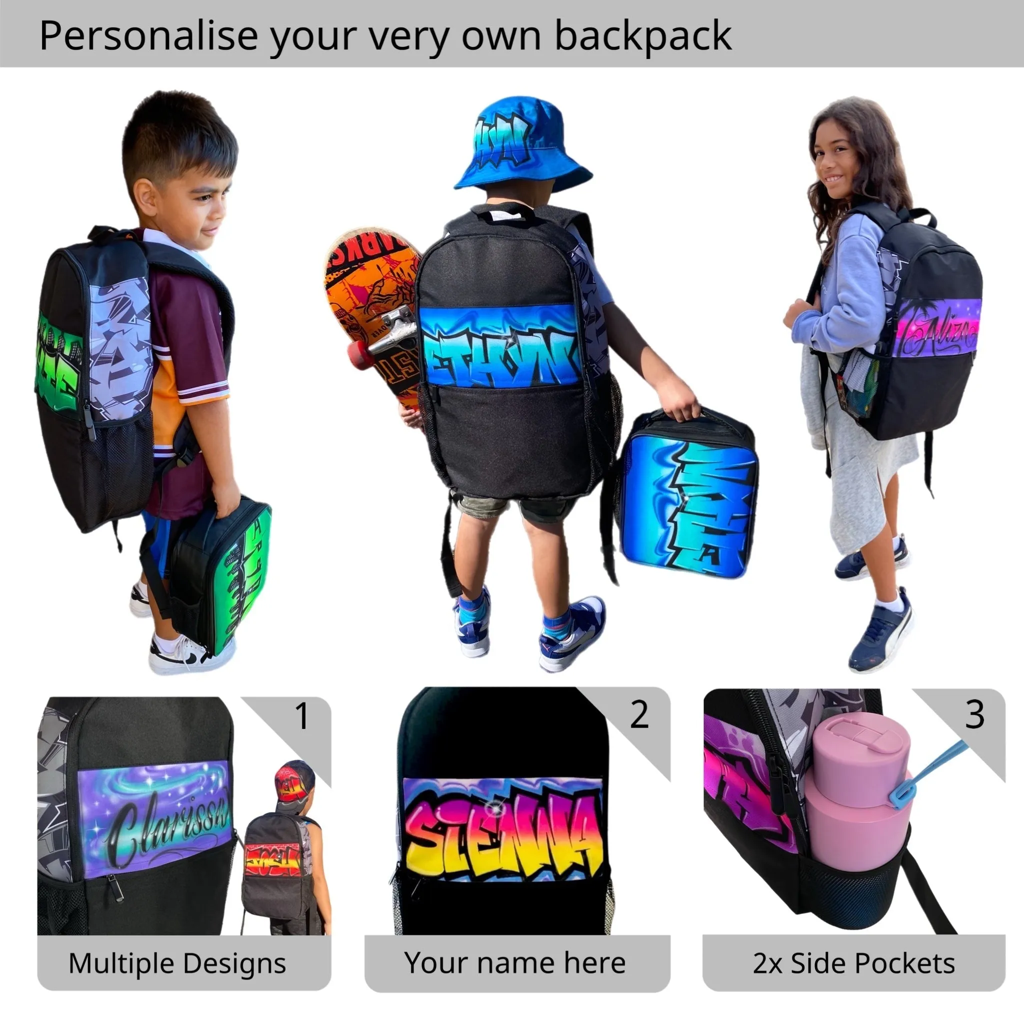 3 Colour City Style Custom Combo (Combo1) 1x Cap 1x Backpack, 1x Lunchbox