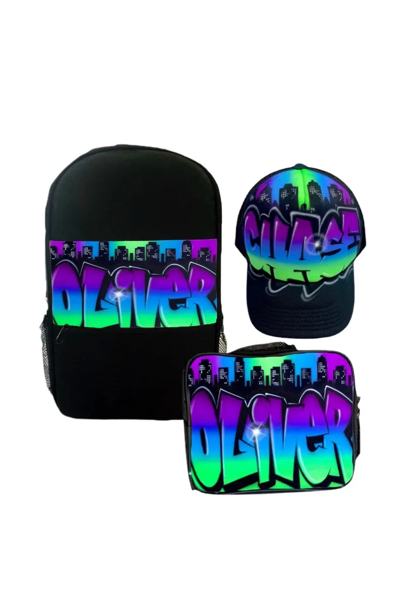 3 Colour City Style Custom Combo (Combo1) 1x Cap 1x Backpack, 1x Lunchbox