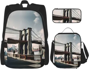 3-In-1 Backpack Bookbag Set,Pink Poodles Dogs Print Casual Travel Backpacks,With Pencil Case Pouch, Lunch Bag