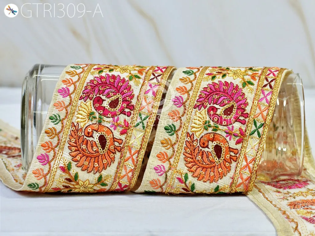 3 Yard Peacock Embroidered 9 Cm Sari Ribbon Fabric Trim Saree Border Dolls DIY Crafting Sewing Beach Bags Home Decor Embellishment Trimmings