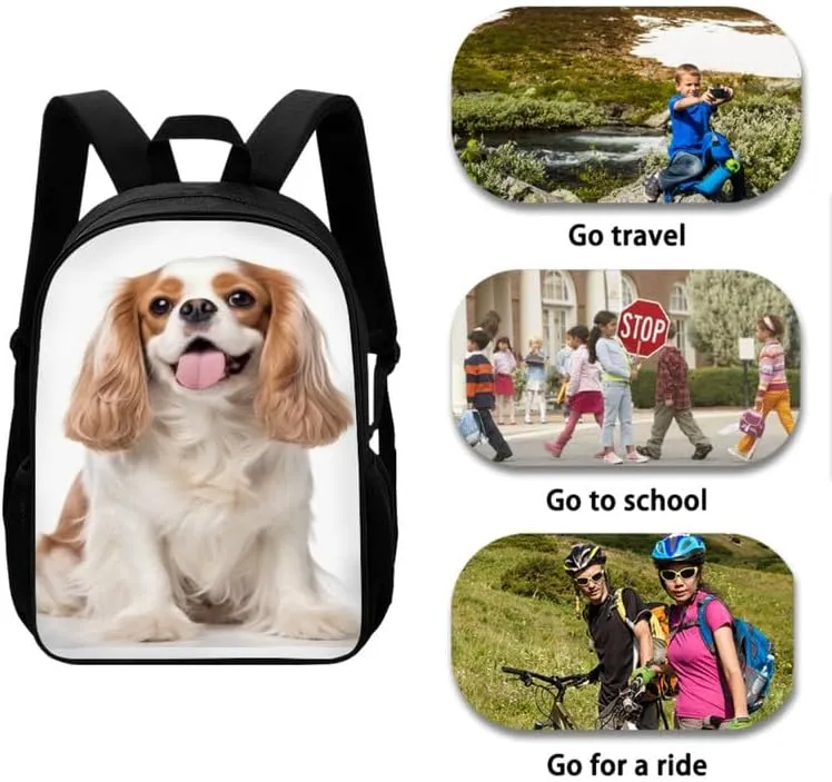 3D Cavalier King Charles Boys Girls Bookbag Sets Cute Puppy Dog Middle School Print Bookbag Pet Lovers Spacious Insulated Lunch Box Backpack Pencil Bag