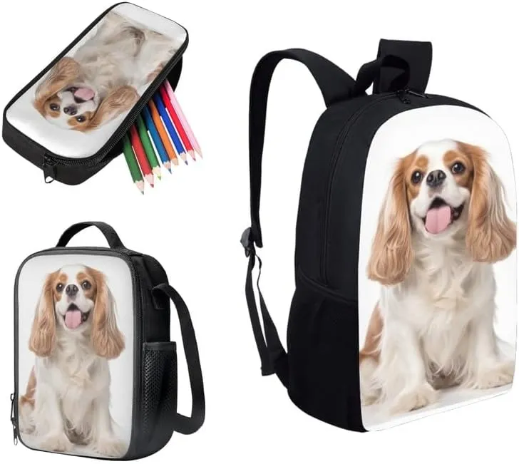 3D Cavalier King Charles Boys Girls Bookbag Sets Cute Puppy Dog Middle School Print Bookbag Pet Lovers Spacious Insulated Lunch Box Backpack Pencil Bag