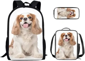 3D Cavalier King Charles Boys Girls Bookbag Sets Cute Puppy Dog Middle School Print Bookbag Pet Lovers Spacious Insulated Lunch Box Backpack Pencil Bag