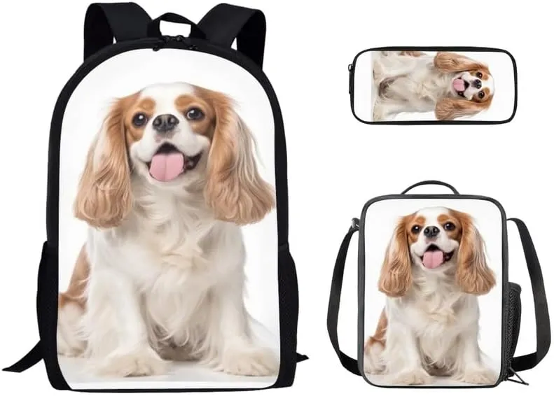 3D Cavalier King Charles Boys Girls Bookbag Sets Cute Puppy Dog Middle School Print Bookbag Pet Lovers Spacious Insulated Lunch Box Backpack Pencil Bag
