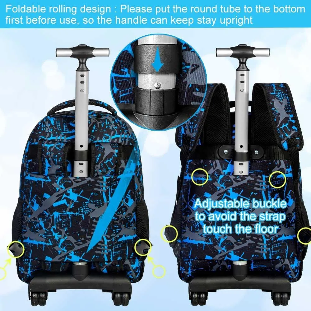 3Pcs Rolling Backpack for Boys, Men Roller Bag with Wheels for Adults, 19 Inche Graffiti Wheeled Bookbag with Lunch Box(Blue)