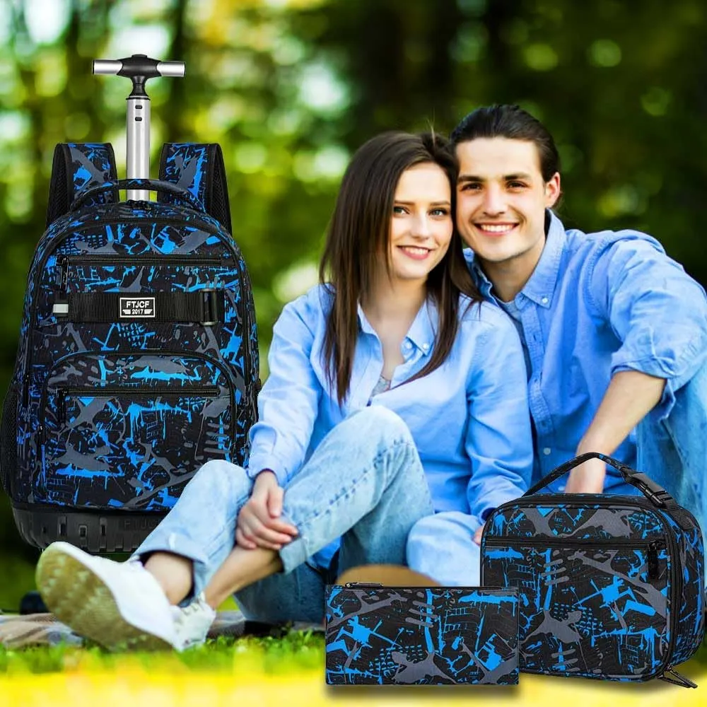 3Pcs Rolling Backpack for Boys, Men Roller Bag with Wheels for Adults, 19 Inche Graffiti Wheeled Bookbag with Lunch Box(Blue)