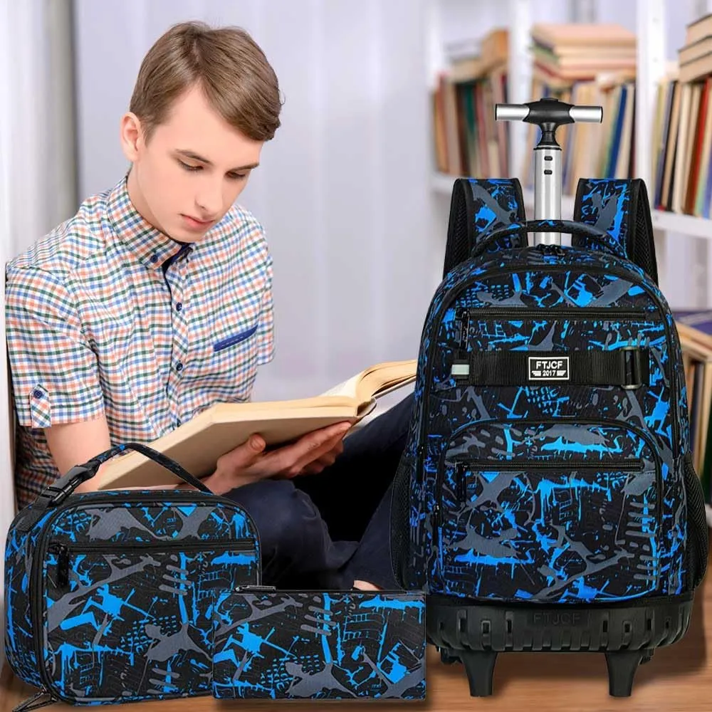 3Pcs Rolling Backpack for Boys, Men Roller Bag with Wheels for Adults, 19 Inche Graffiti Wheeled Bookbag with Lunch Box(Blue)