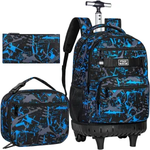 3Pcs Rolling Backpack for Boys, Men Roller Bag with Wheels for Adults, 19 Inche Graffiti Wheeled Bookbag with Lunch Box(Blue)