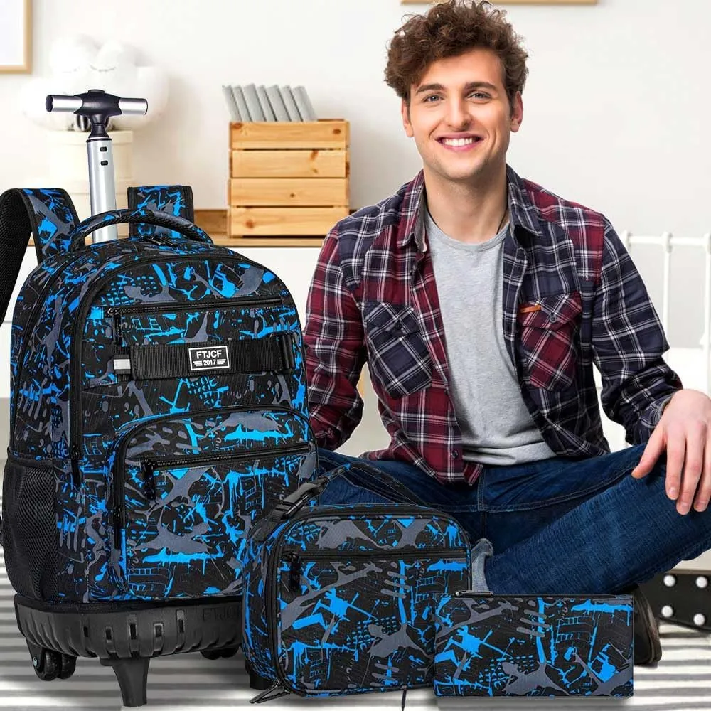 3Pcs Rolling Backpack for Boys, Men Roller Bag with Wheels for Adults, 19 Inche Graffiti Wheeled Bookbag with Lunch Box(Blue)